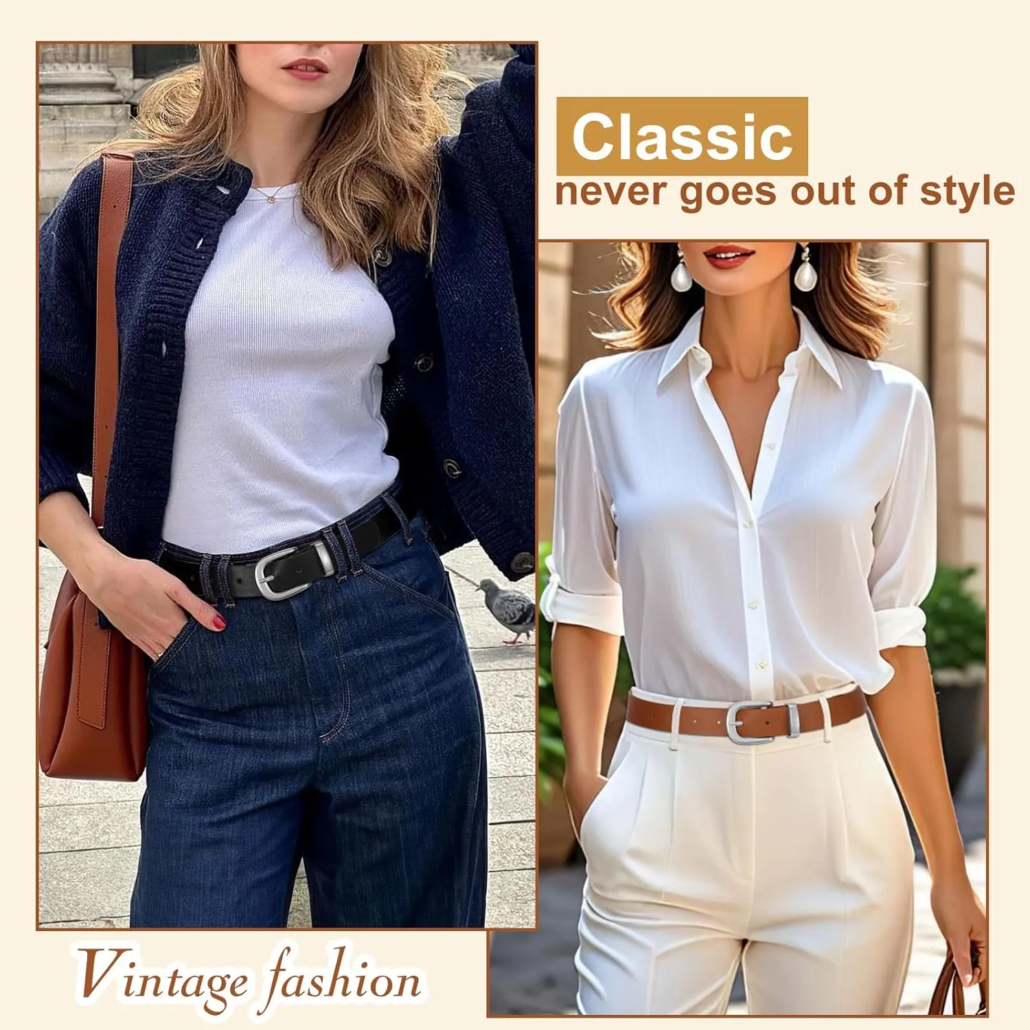 2 Packs Womens Belts for Jeans Ladies Belt for Dresses Fashion Leather Belt with Gold Buckle