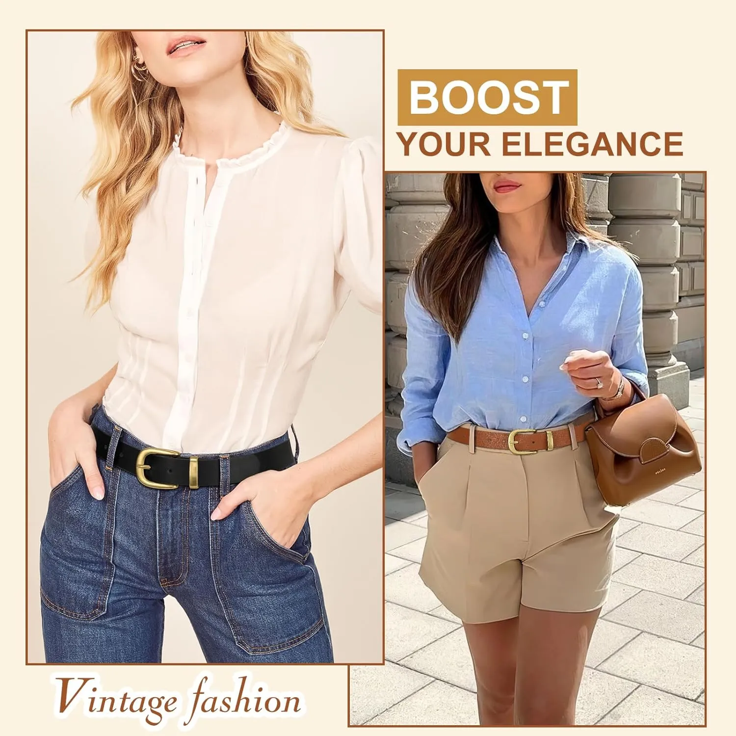 2 Packs Womens Belts for Jeans Ladies Belt for Dresses Fashion Leather Belt with Gold Buckle