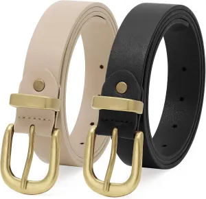 2 Packs Womens Belts for Jeans Ladies Belt for Dresses Fashion Leather Belt with Gold Buckle