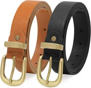 2 Packs Womens Belts for Jeans Ladies Belt for Dresses Fashion Leather Belt with Gold Buckle