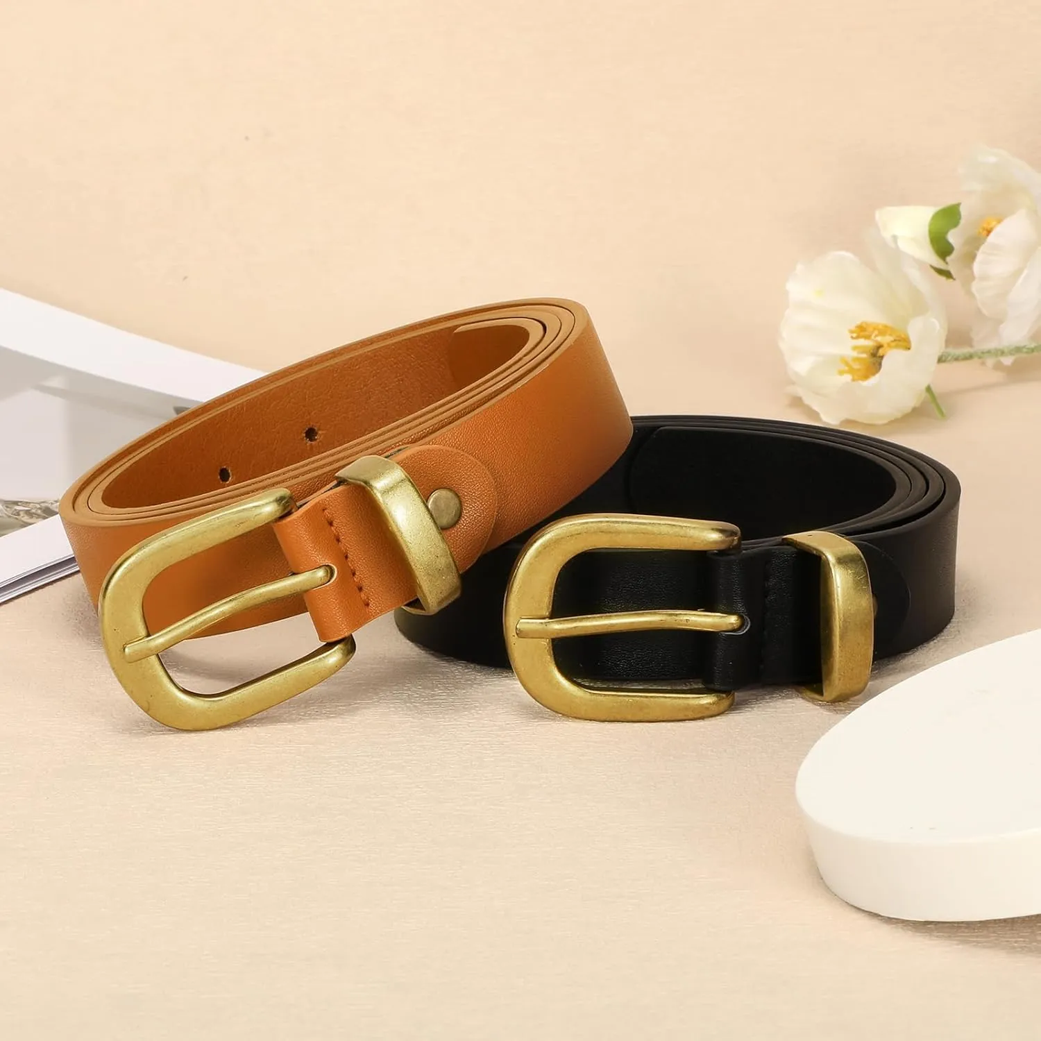 2 Packs Womens Belts for Jeans Ladies Belt for Dresses Fashion Leather Belt with Gold Buckle