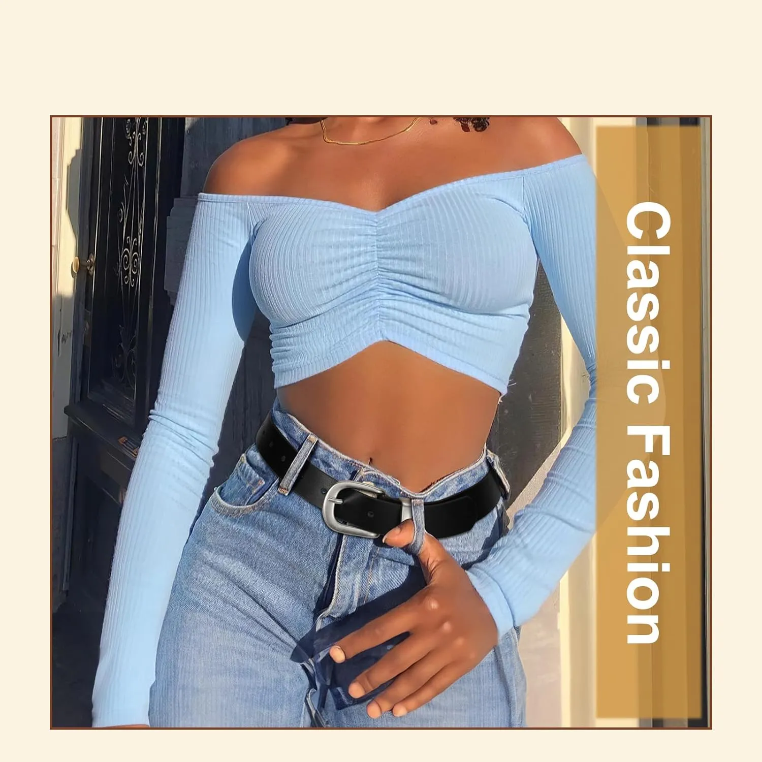 2 Packs Womens Belts for Jeans Ladies Belt for Dresses Fashion Leather Belt with Gold Buckle