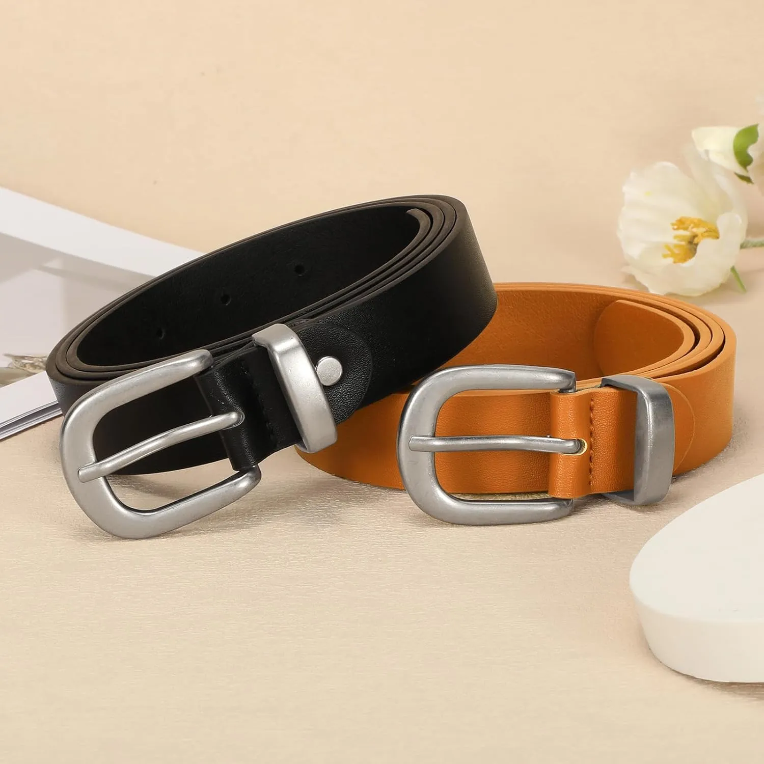 2 Packs Womens Belts for Jeans Ladies Belt for Dresses Fashion Leather Belt with Gold Buckle