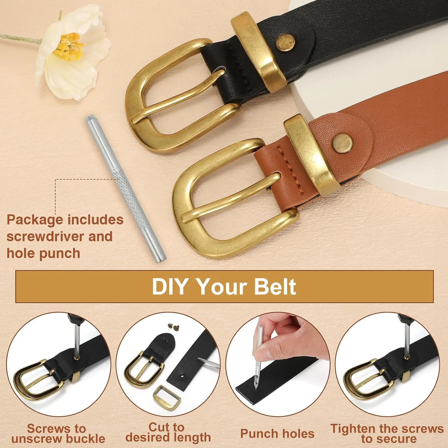 2 Packs Womens Belts for Jeans Ladies Belt for Dresses Fashion Leather Belt with Gold Buckle