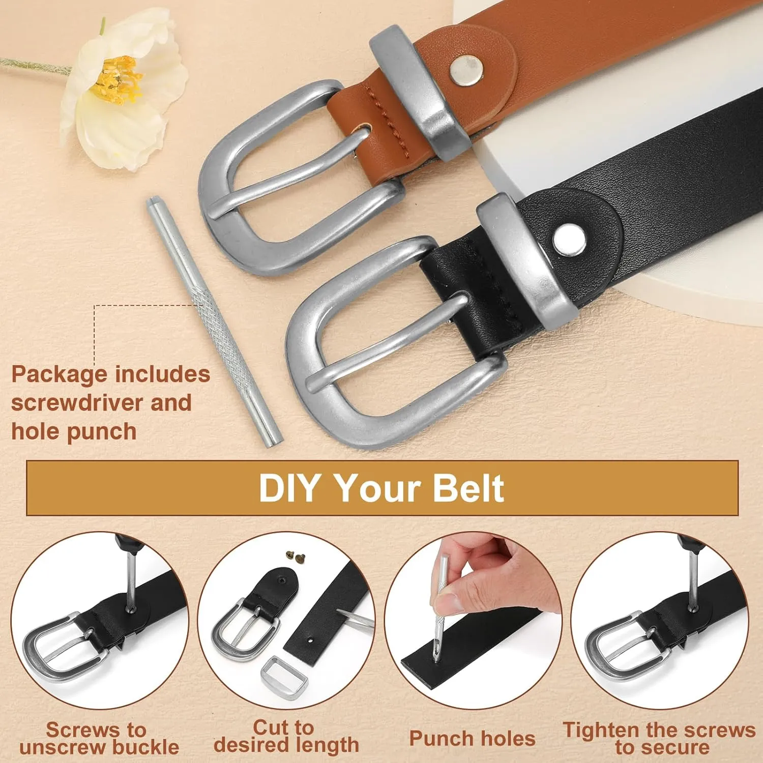 2 Packs Womens Belts for Jeans Ladies Belt for Dresses Fashion Leather Belt with Gold Buckle