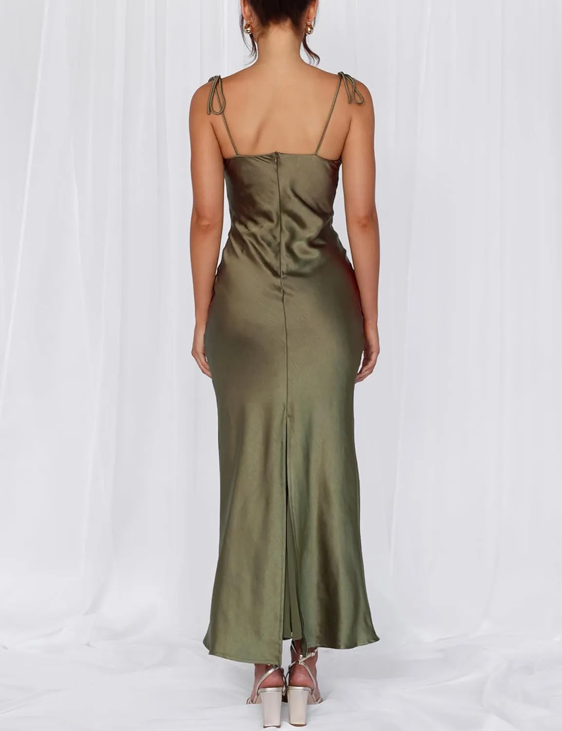2025 Satin Cowl Neck Spaghetti Strap Slip Maxi Dress for Women Tie Strap Formal Wedding Guest Dresses with Slit