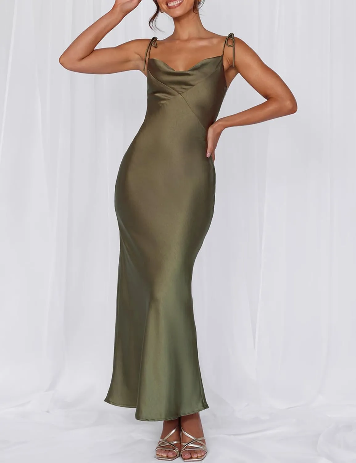2025 Satin Cowl Neck Spaghetti Strap Slip Maxi Dress for Women Tie Strap Formal Wedding Guest Dresses with Slit