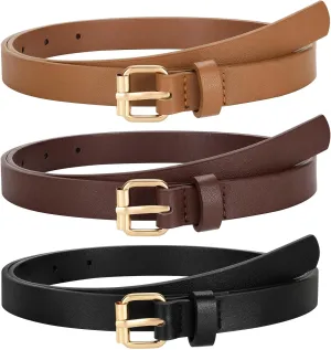 3 Pack Women Skinny Leather Belt for Jeans Pants Dress Ladies Thin Waist Belt with Gold Buckle