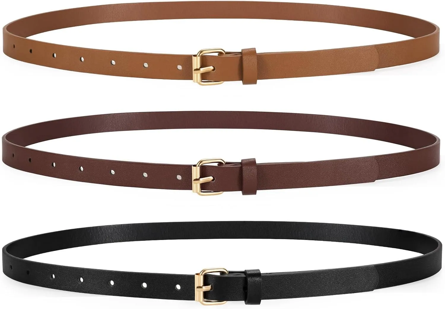 3 Pack Women Skinny Leather Belt for Jeans Pants Dress Ladies Thin Waist Belt with Gold Buckle