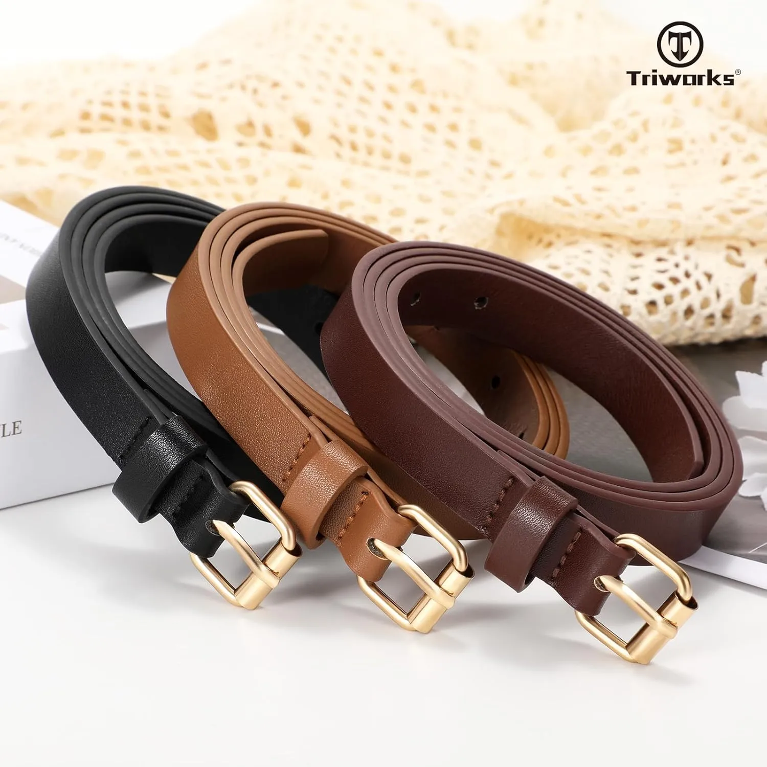 3 Pack Women Skinny Leather Belt for Jeans Pants Dress Ladies Thin Waist Belt with Gold Buckle