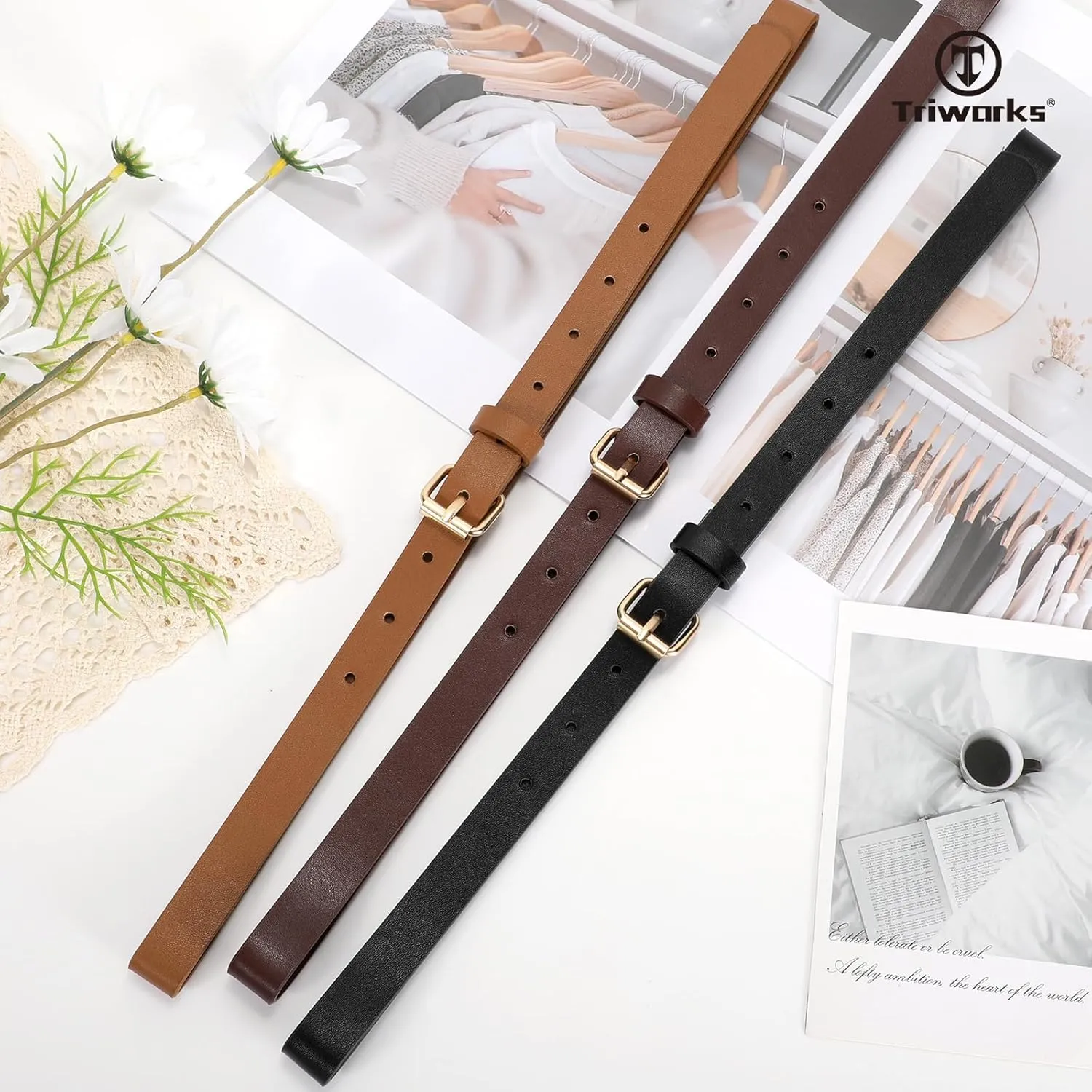 3 Pack Women Skinny Leather Belt for Jeans Pants Dress Ladies Thin Waist Belt with Gold Buckle