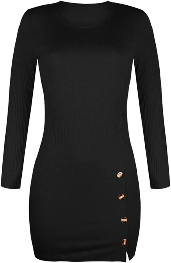 Andongnywell Women's Long Sleeve Sexy Bodycon Mini Dress Slit Dress with Buttons Detail Bodycon Dresses