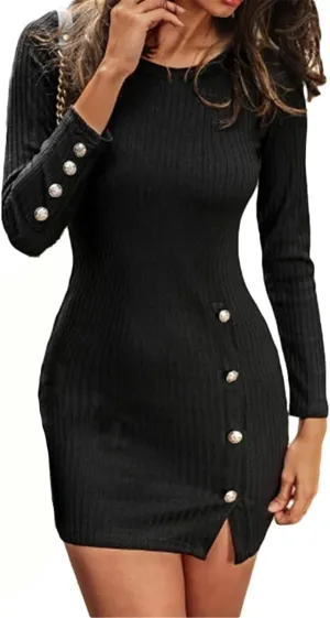 Andongnywell Women's Long Sleeve Sexy Bodycon Mini Dress Slit Dress with Buttons Detail Bodycon Dresses