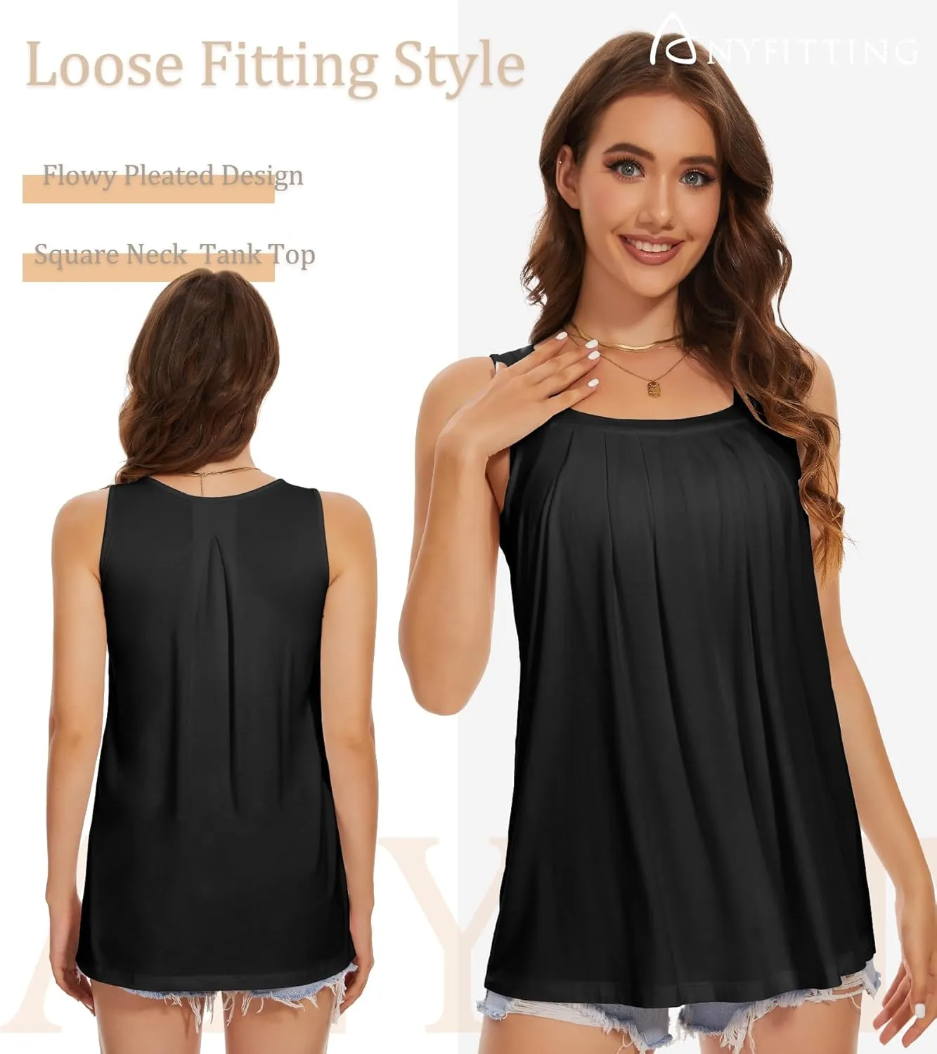ANYFITTING Tank Top with Built in Bras Women Padded Flowy Loose Camisole Shirt Square Neck Sewn in Medium Support Wide Strap