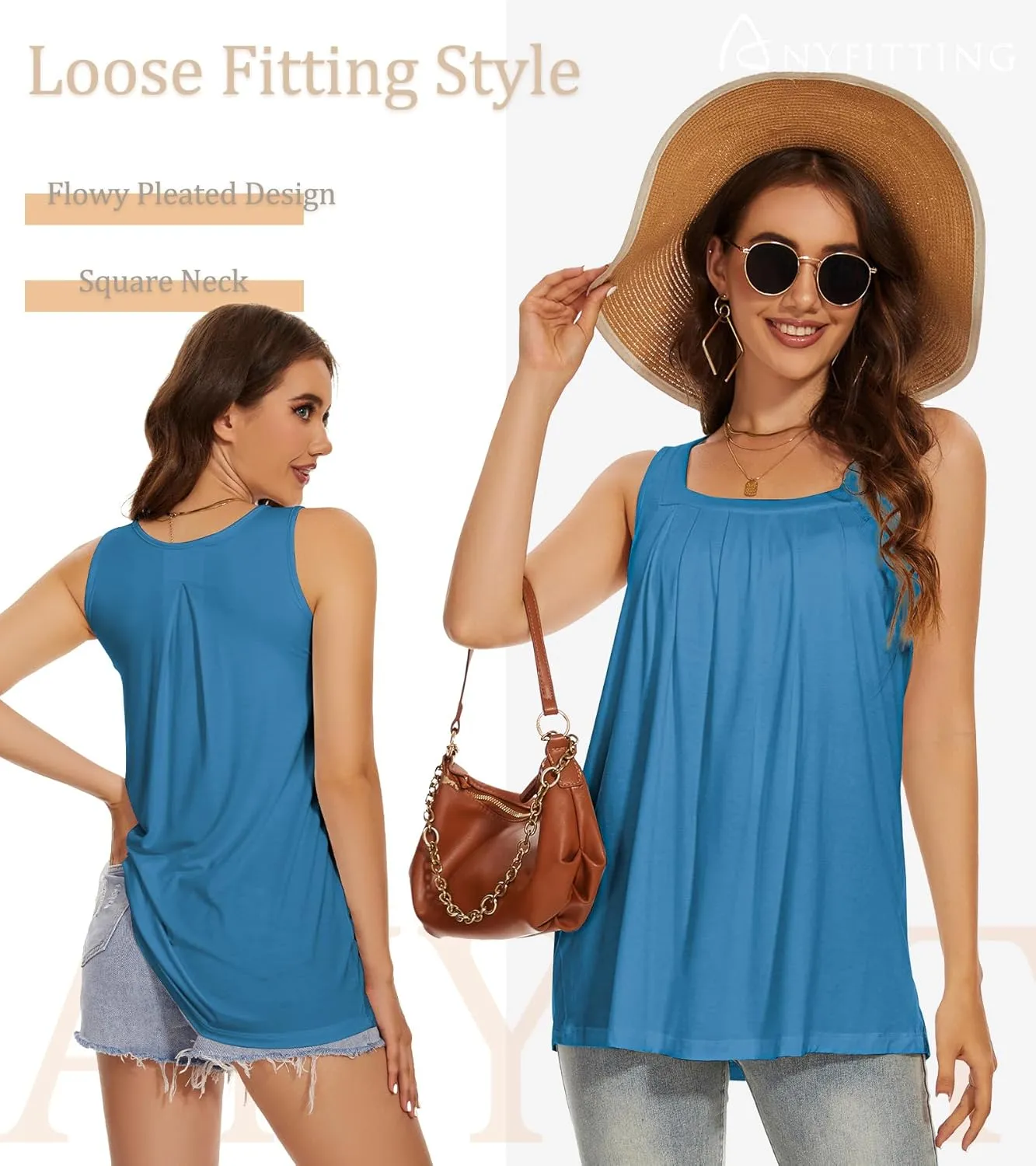 ANYFITTING Tank Top with Built in Bras Women Padded Flowy Loose Camisole Shirt Square Neck Sewn in Medium Support Wide Strap