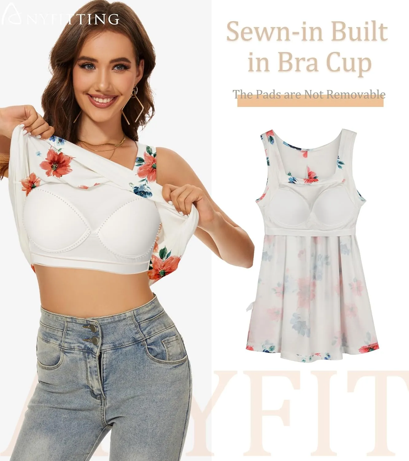 ANYFITTING Tank Top with Built in Bras Women Padded Flowy Loose Camisole Shirt Square Neck Sewn in Medium Support Wide Strap