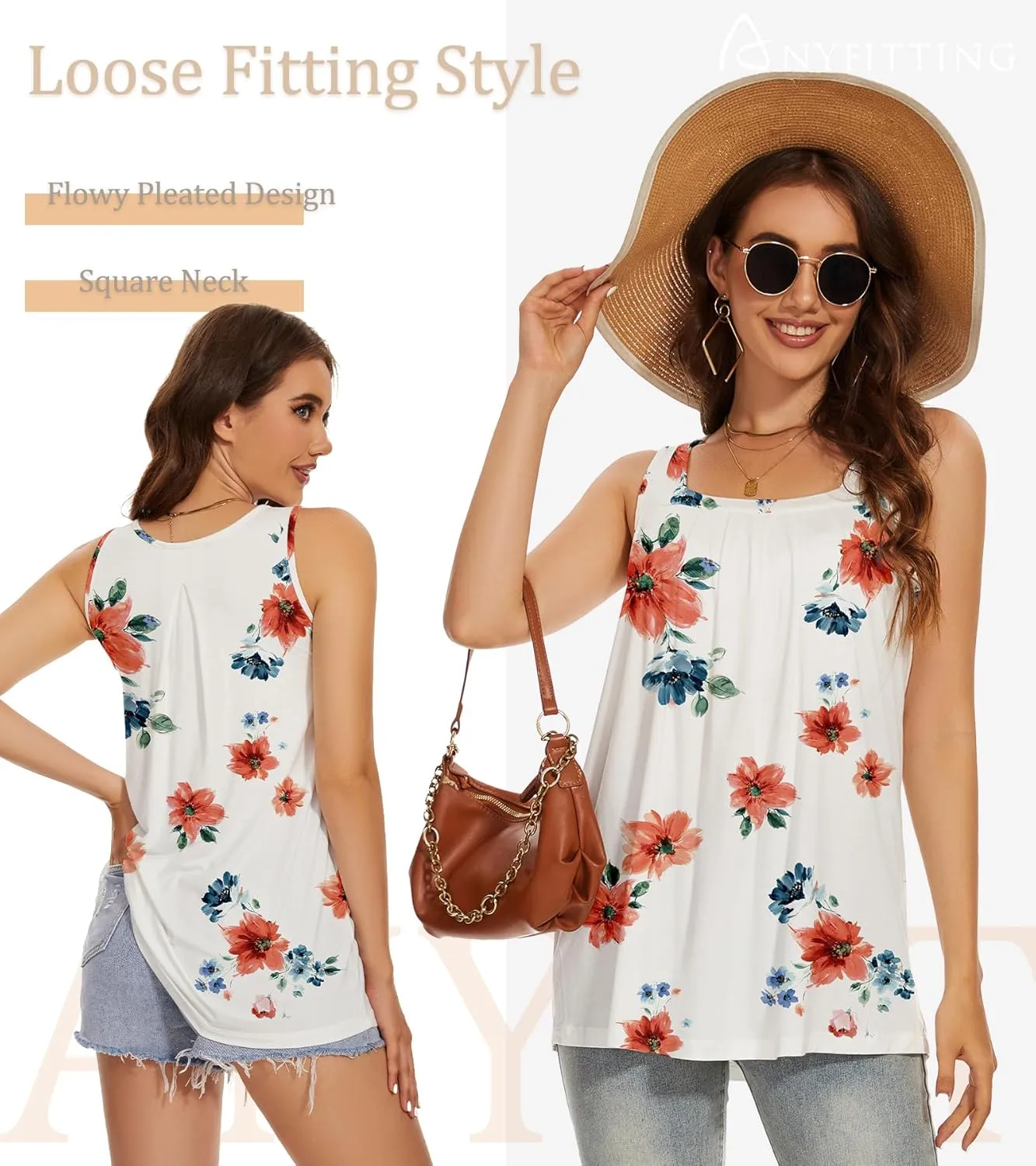 ANYFITTING Tank Top with Built in Bras Women Padded Flowy Loose Camisole Shirt Square Neck Sewn in Medium Support Wide Strap