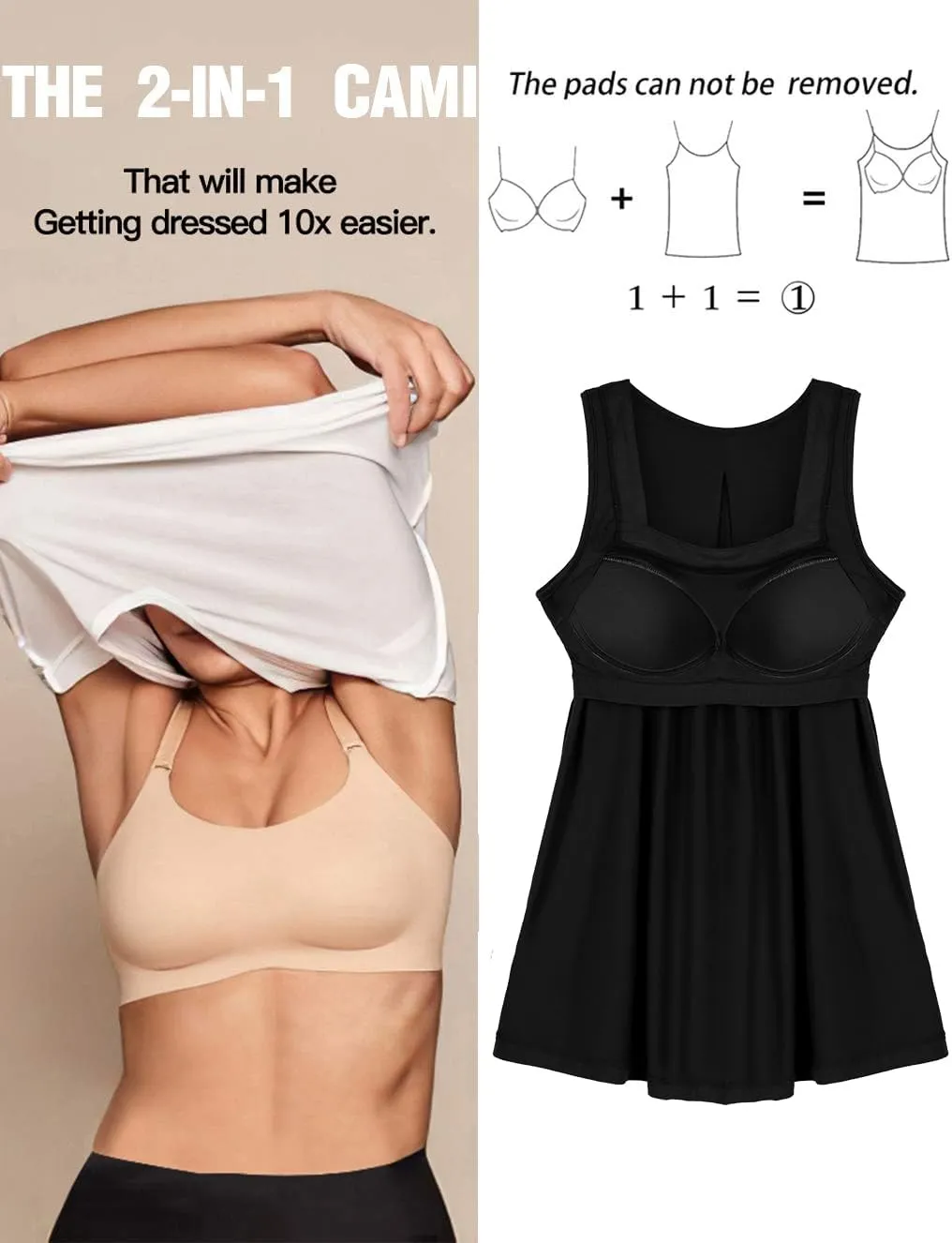 ANYFITTING Tank Top with Built in Bras Women Padded Flowy Loose Camisole Shirt Square Neck Sewn in Medium Support Wide Strap