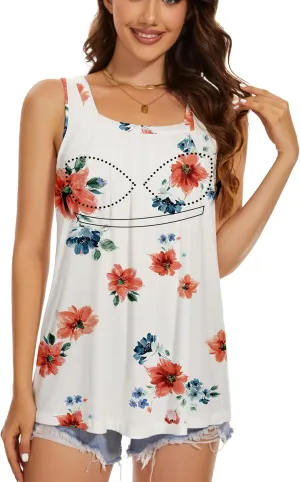 ANYFITTING Tank Top with Built in Bras Women Padded Flowy Loose Camisole Shirt Square Neck Sewn in Medium Support Wide Strap
