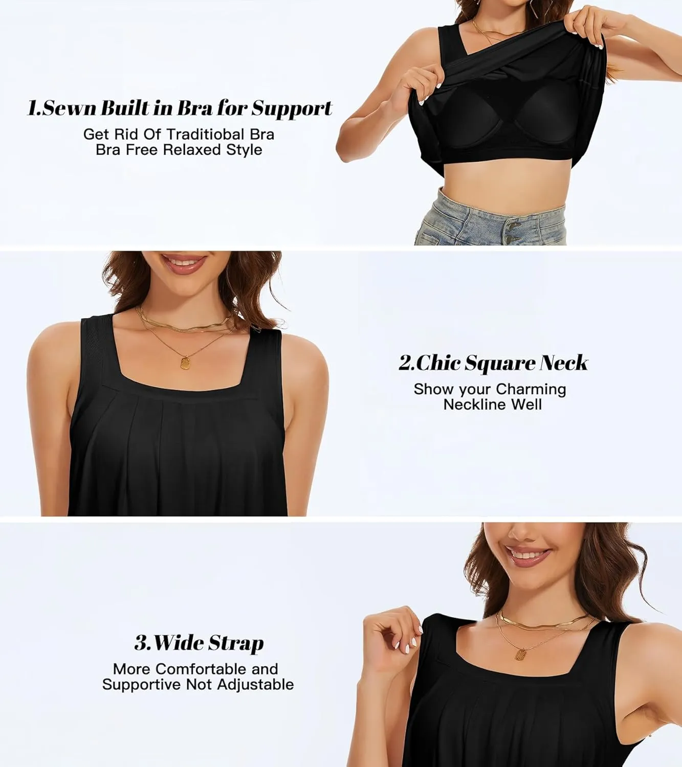 ANYFITTING Tank Top with Built in Bras Women Padded Flowy Loose Camisole Shirt Square Neck Sewn in Medium Support Wide Strap