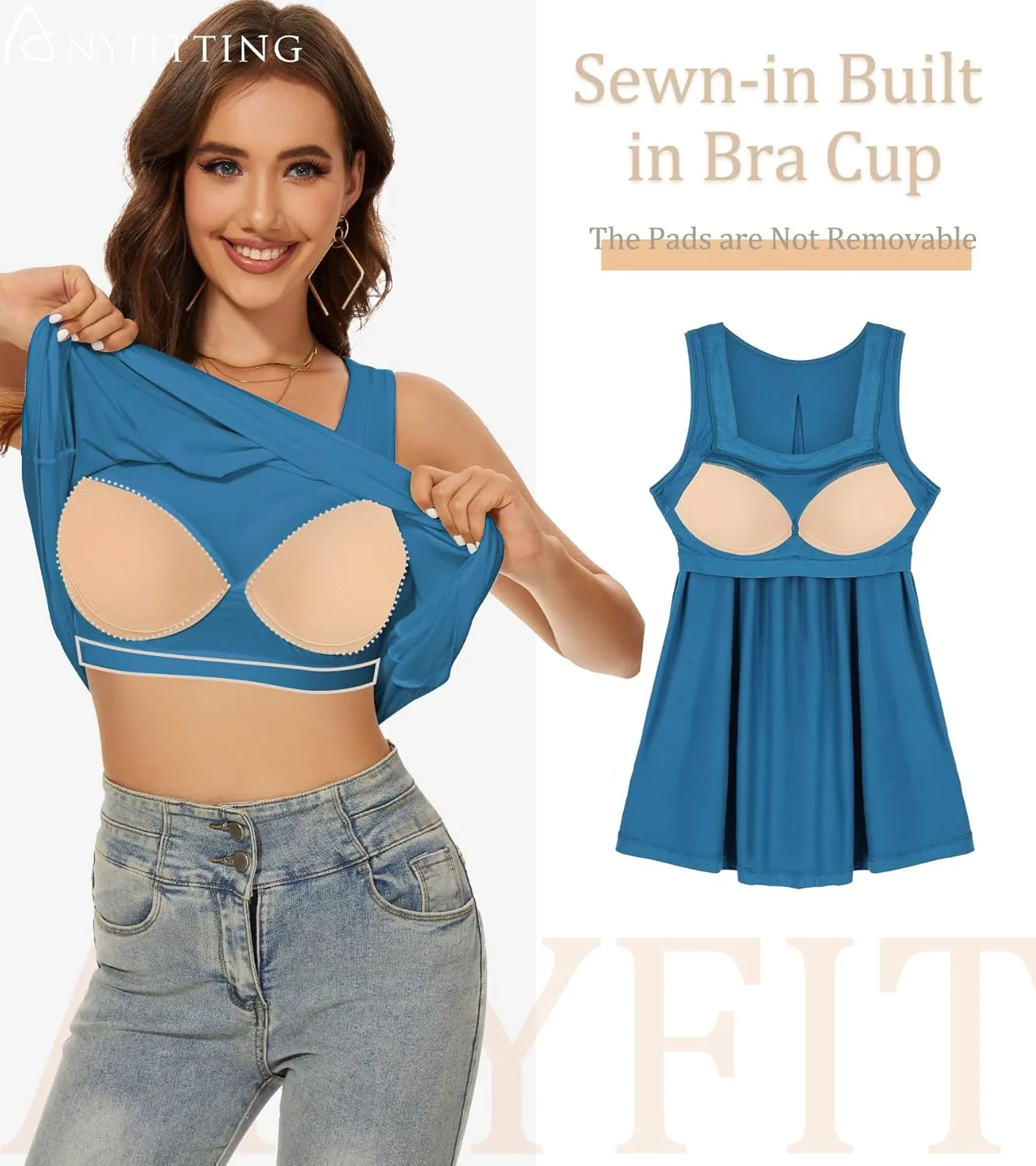 ANYFITTING Tank Top with Built in Bras Women Padded Flowy Loose Camisole Shirt Square Neck Sewn in Medium Support Wide Strap