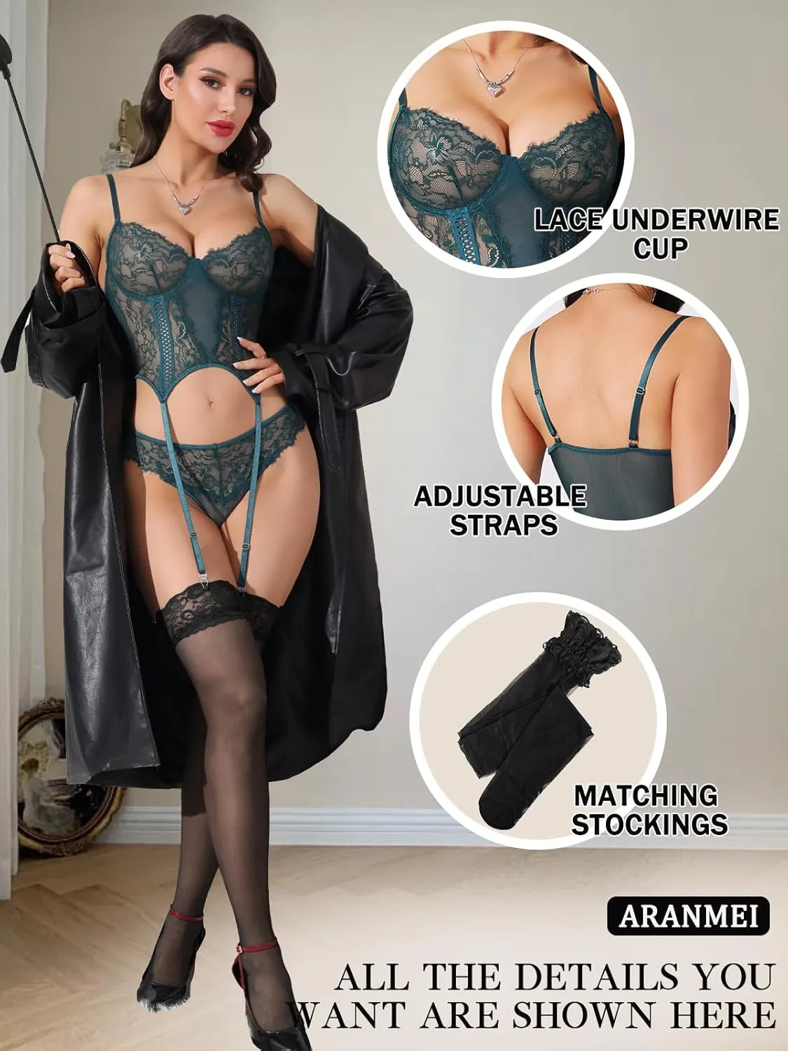 Aranmei Sexy Women Lace Lingerie Sets with Garter Belt Stockings Babydoll Teddy Bodysuit Underwire with Panty 3 Peice