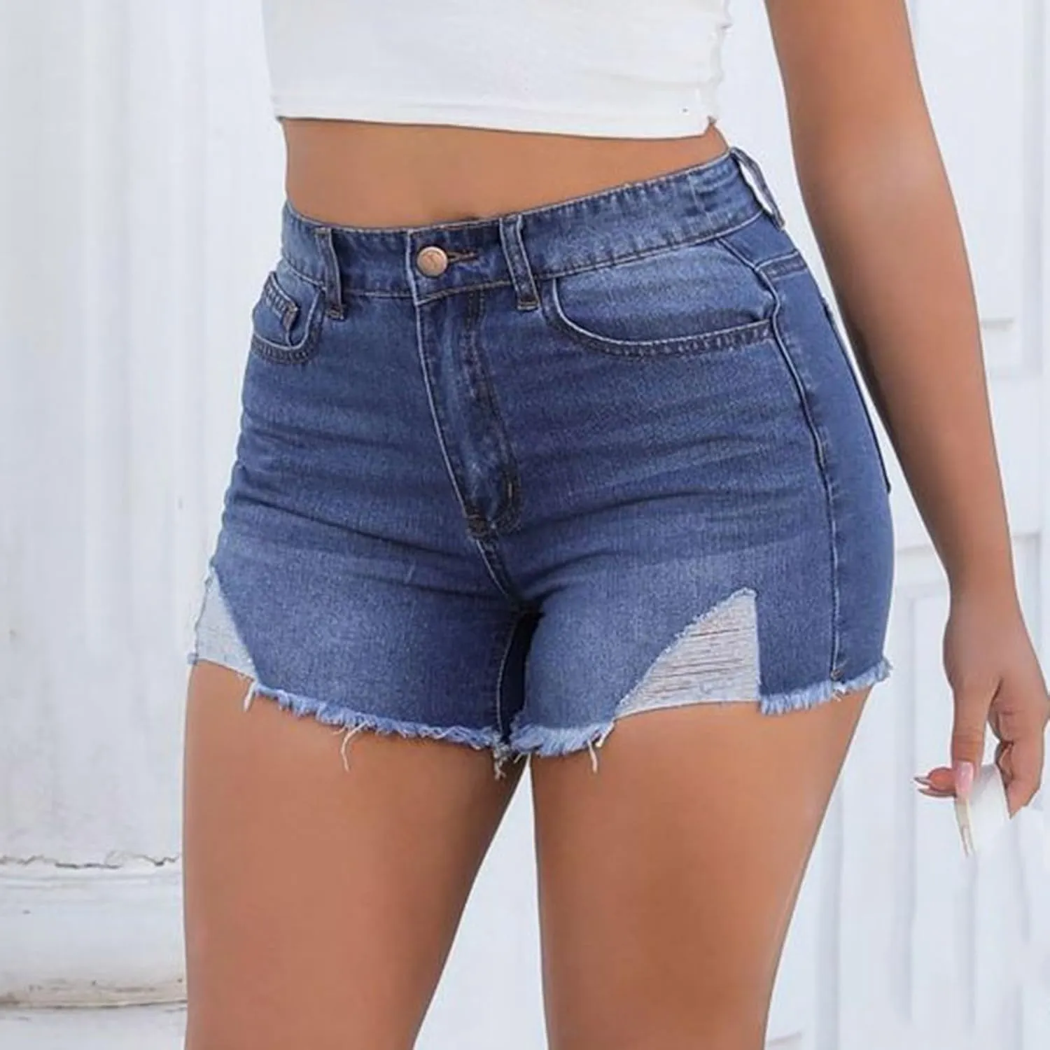 Askedwayu Lady Solid Color Washed Ripped High Waisted Stretch Denim Shorts Womens Active Shorts