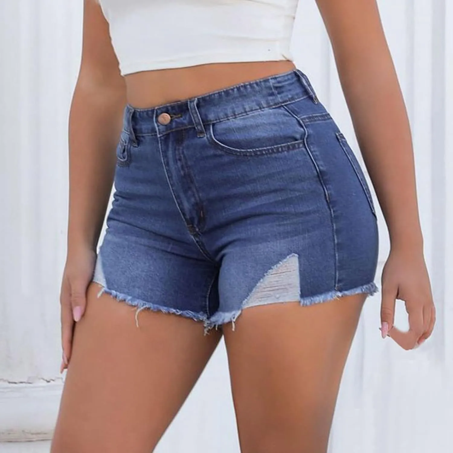 Askedwayu Lady Solid Color Washed Ripped High Waisted Stretch Denim Shorts Womens Active Shorts