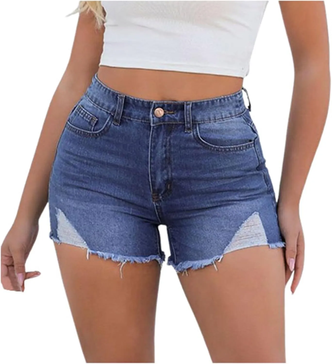 Askedwayu Lady Solid Color Washed Ripped High Waisted Stretch Denim Shorts Womens Active Shorts