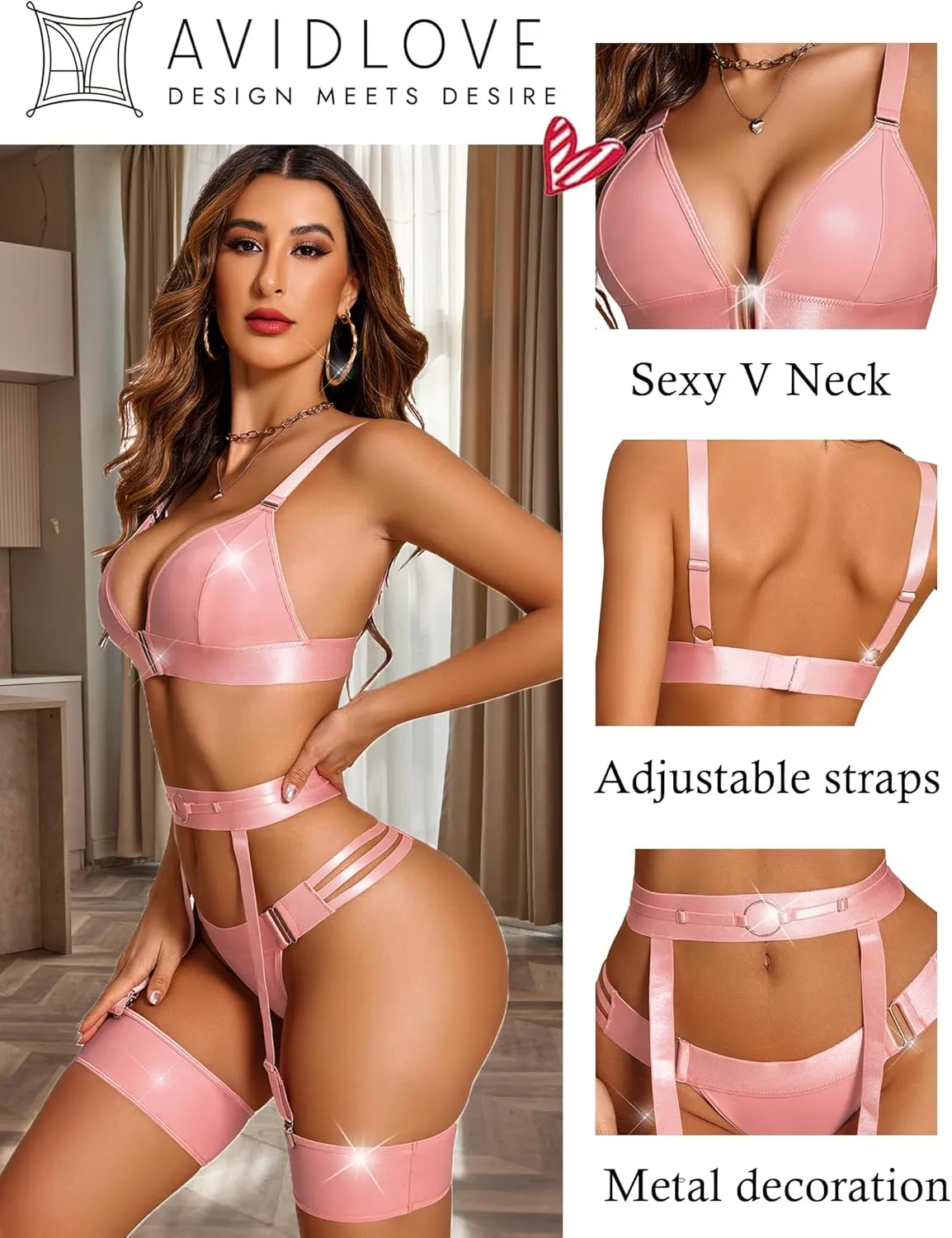Avidlove Women Lingerie Set Leather Garter 5 Piece Bra and Panty Set Babydoll