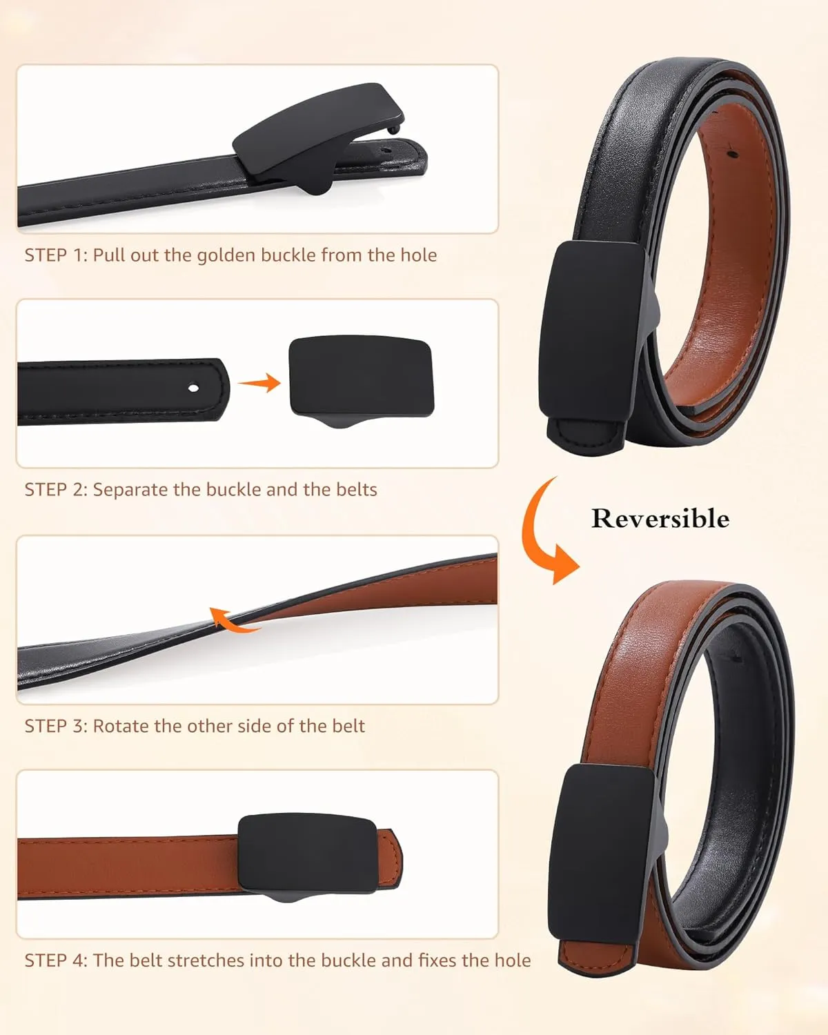 AWAYTR Reversible Leather Belts for Women - Two-in-One Fashion Ladies Skinny Leather Belt for Jeans