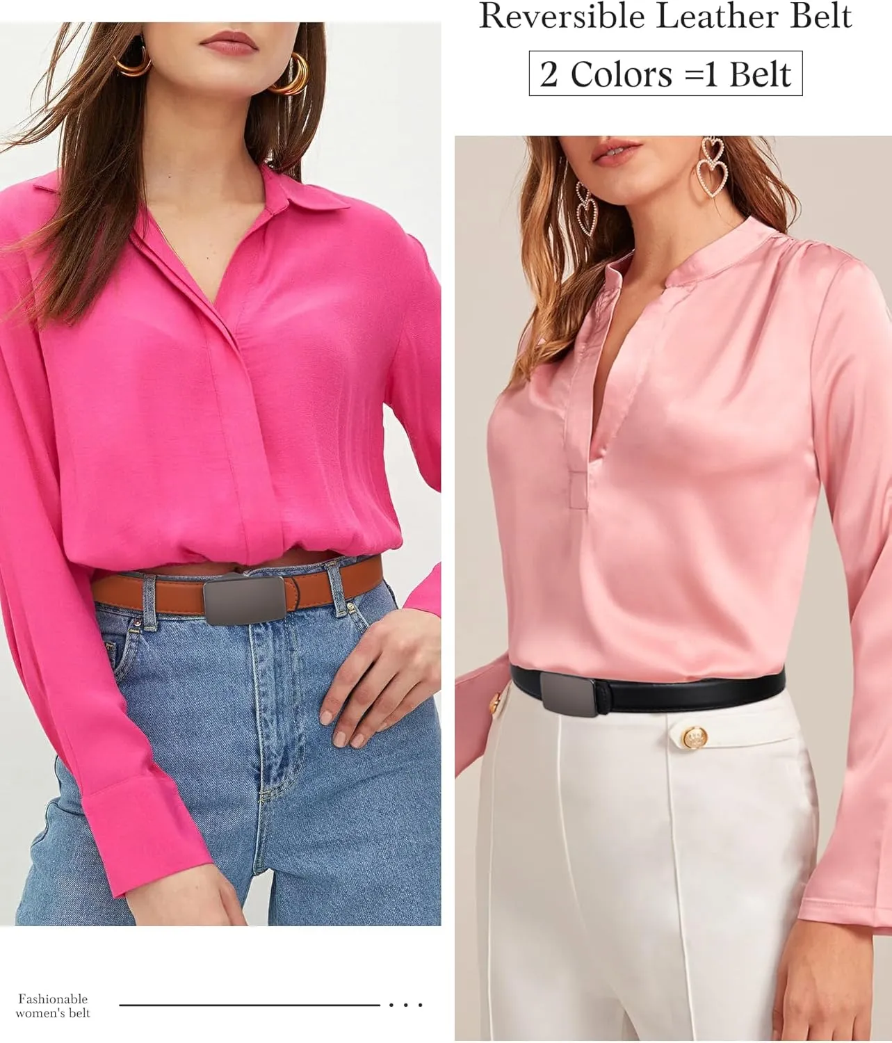 AWAYTR Reversible Leather Belts for Women - Two-in-One Fashion Ladies Skinny Leather Belt for Jeans