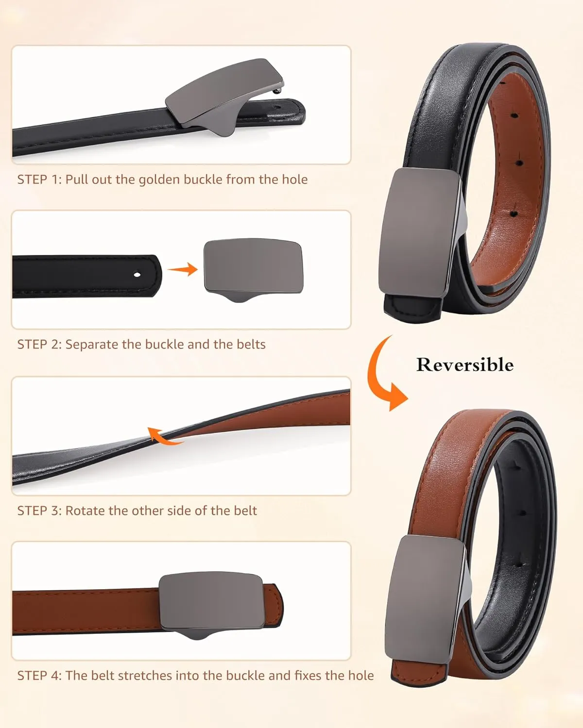 AWAYTR Reversible Leather Belts for Women - Two-in-One Fashion Ladies Skinny Leather Belt for Jeans