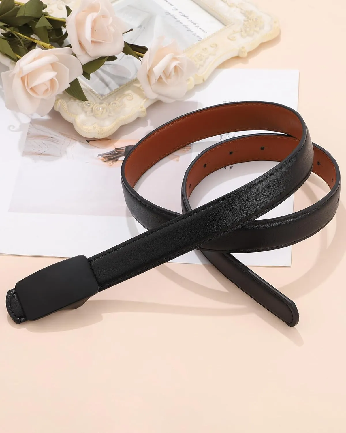 AWAYTR Reversible Leather Belts for Women - Two-in-One Fashion Ladies Skinny Leather Belt for Jeans