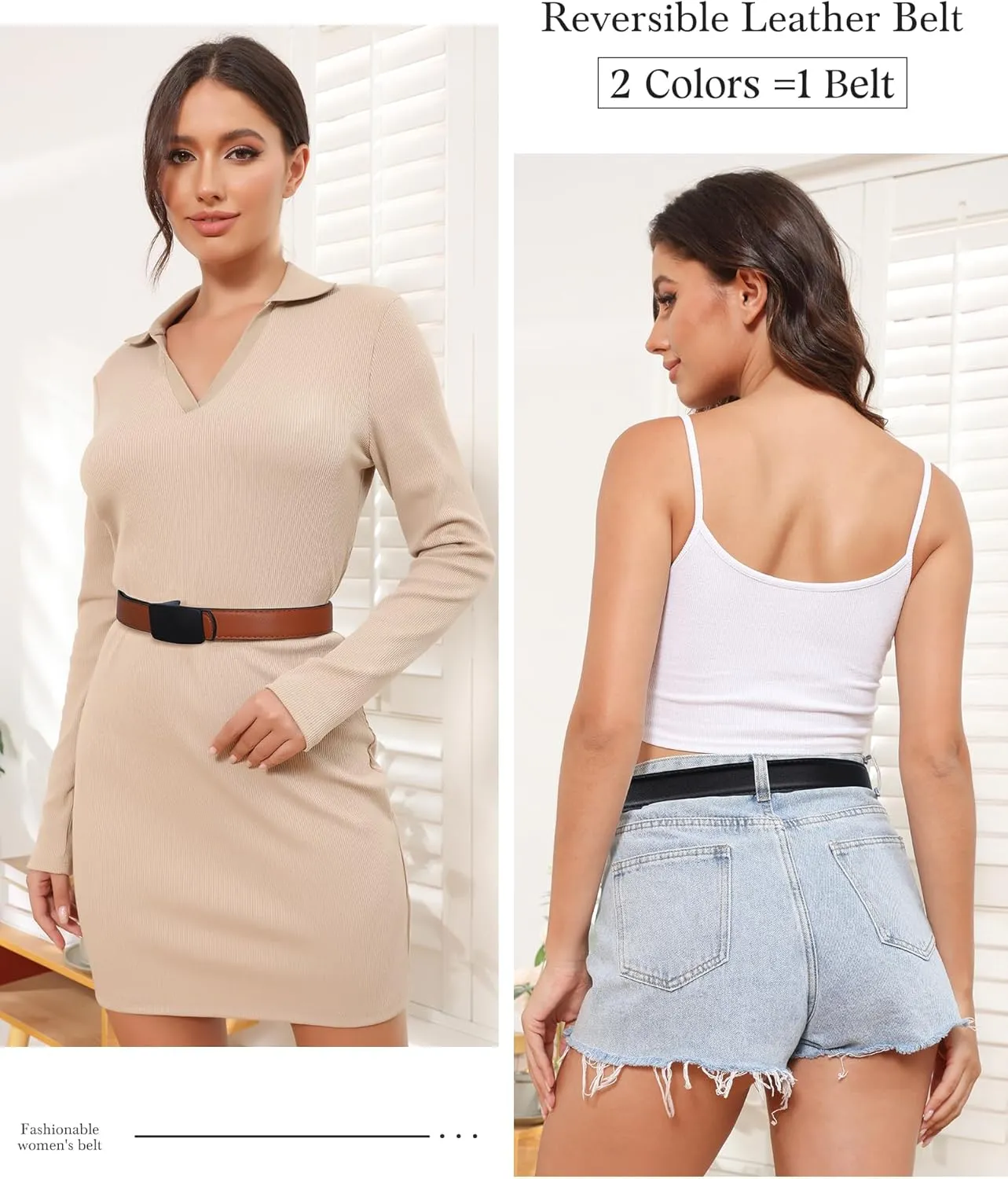 AWAYTR Reversible Leather Belts for Women - Two-in-One Fashion Ladies Skinny Leather Belt for Jeans