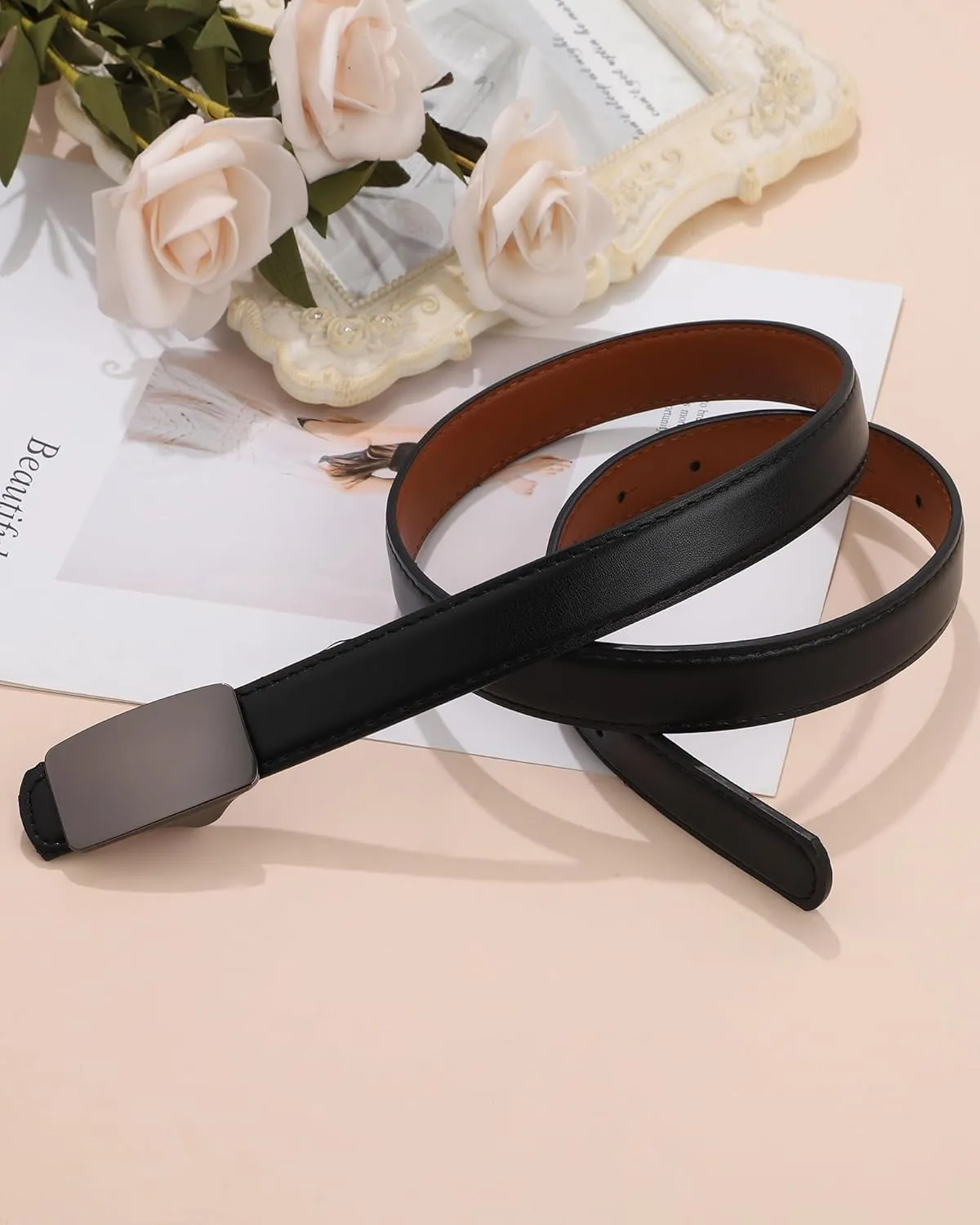 AWAYTR Reversible Leather Belts for Women - Two-in-One Fashion Ladies Skinny Leather Belt for Jeans