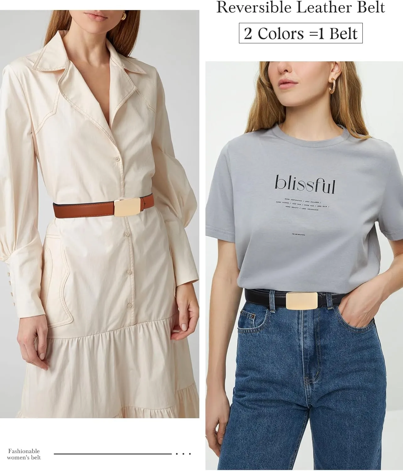 AWAYTR Reversible Leather Belts for Women - Two-in-One Fashion Ladies Skinny Leather Belt for Jeans