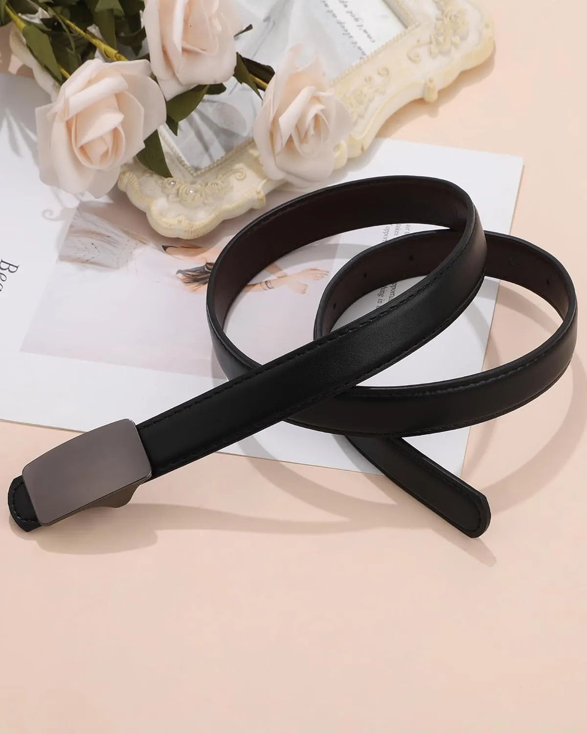 AWAYTR Reversible Leather Belts for Women - Two-in-One Fashion Ladies Skinny Leather Belt for Jeans