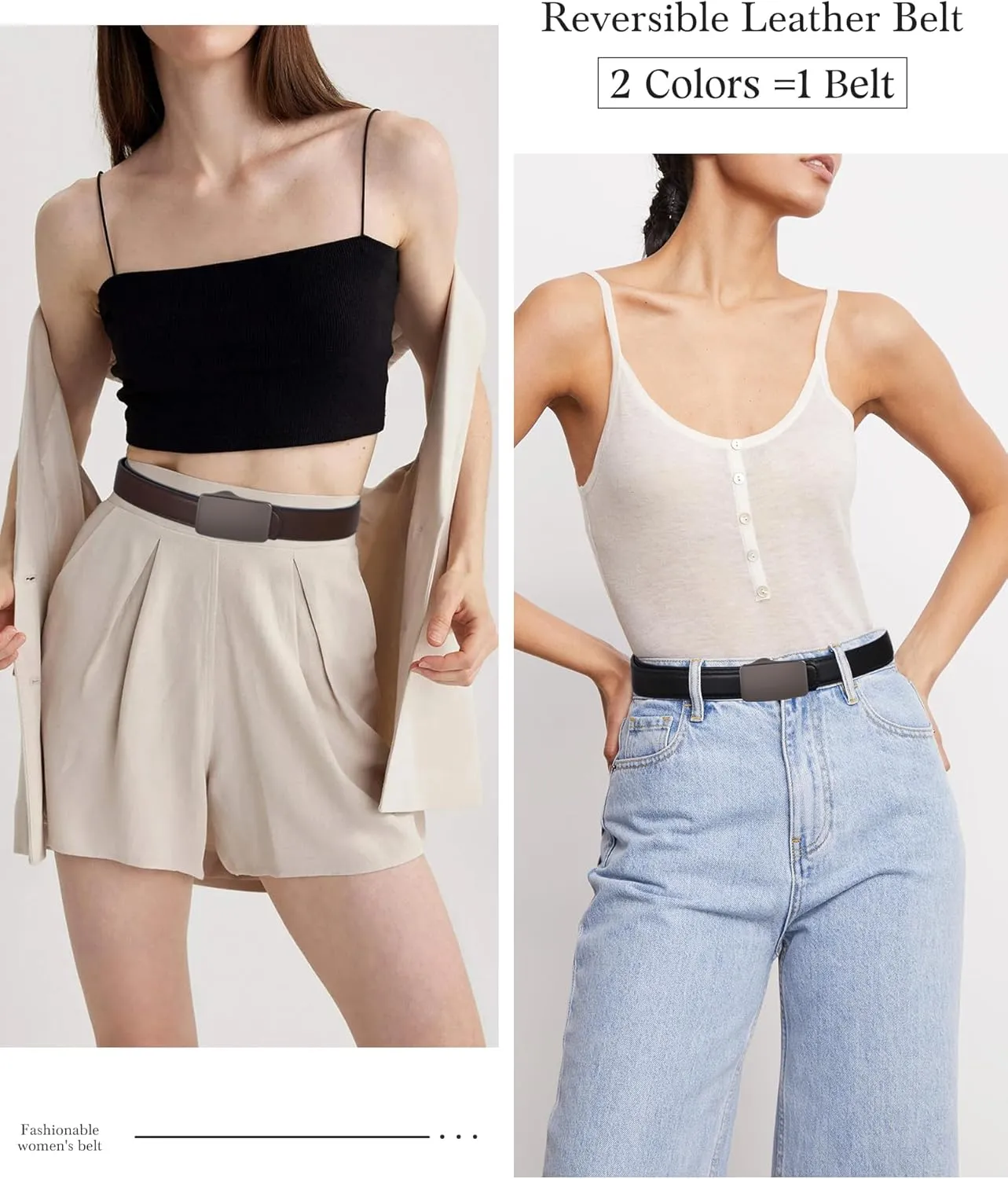 AWAYTR Reversible Leather Belts for Women - Two-in-One Fashion Ladies Skinny Leather Belt for Jeans