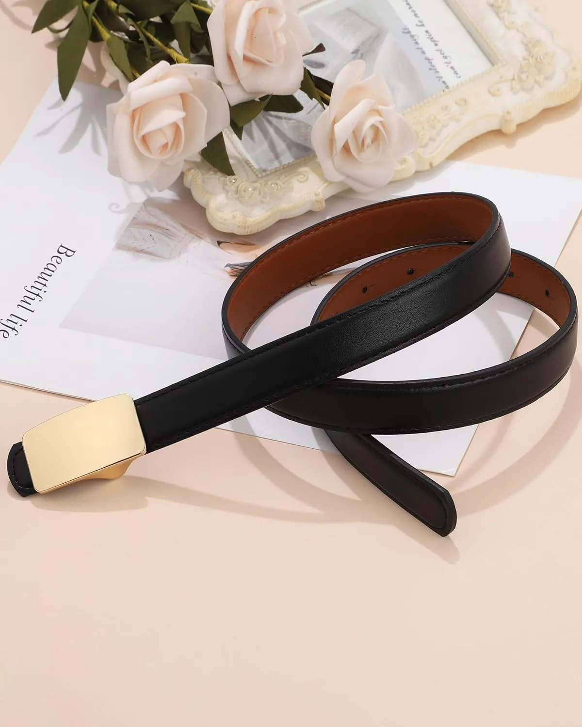 AWAYTR Reversible Leather Belts for Women - Two-in-One Fashion Ladies Skinny Leather Belt for Jeans