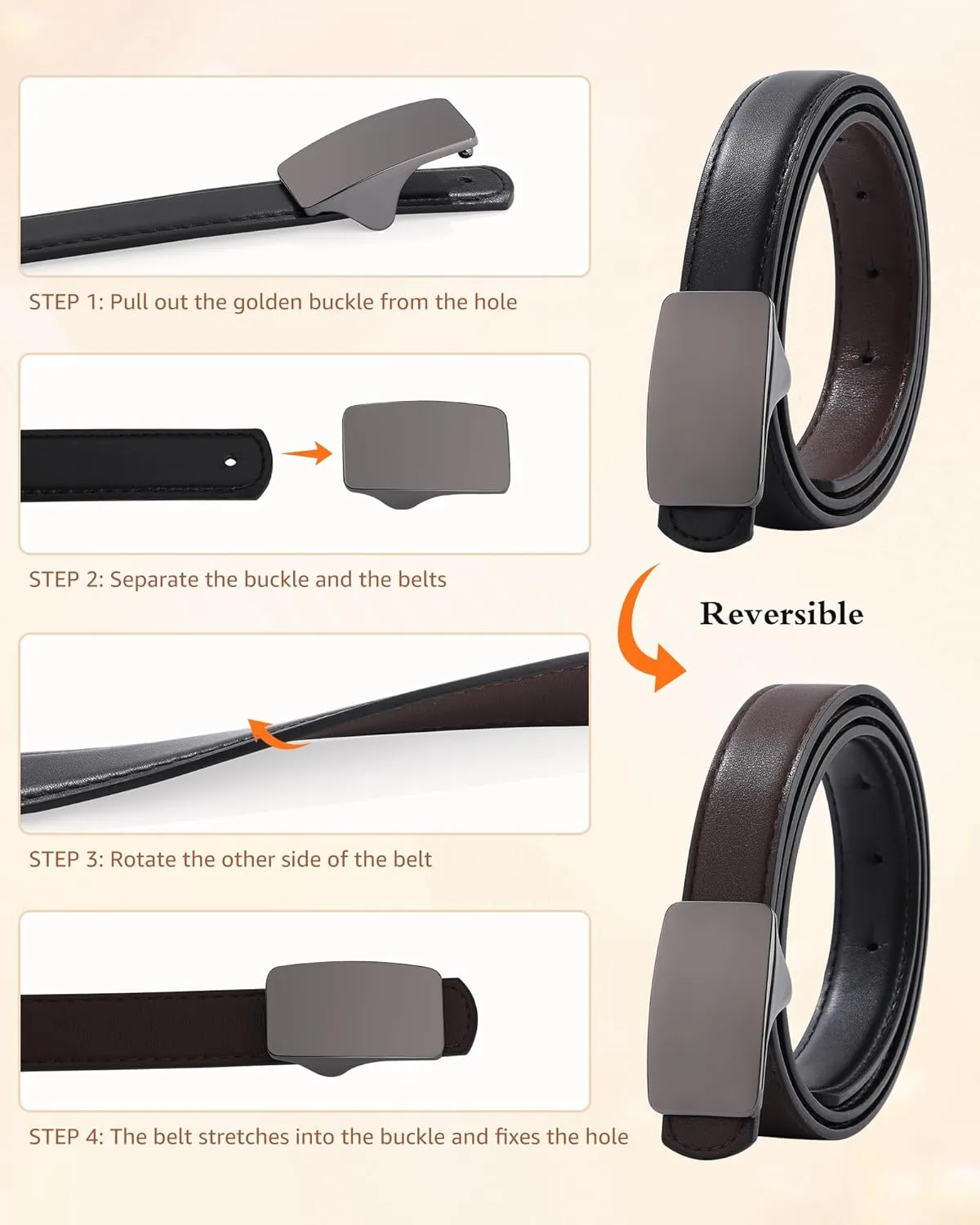 AWAYTR Reversible Leather Belts for Women - Two-in-One Fashion Ladies Skinny Leather Belt for Jeans