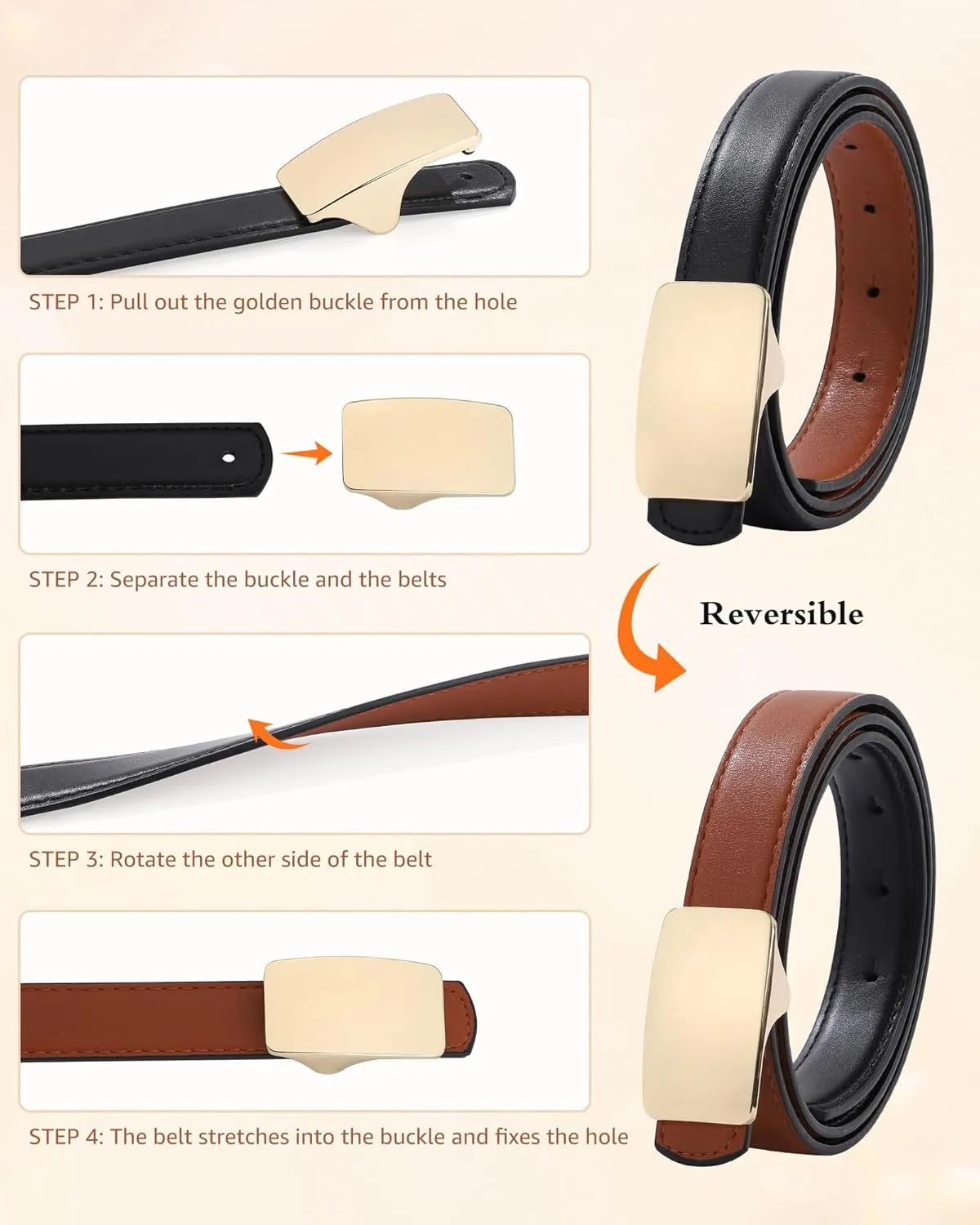 AWAYTR Reversible Leather Belts for Women - Two-in-One Fashion Ladies Skinny Leather Belt for Jeans
