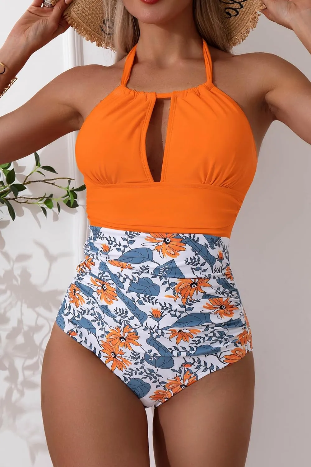 B2prity Women's Slimming One Piece Swimsuits Tummy Control Bathing Suit Halter Swimwear for Big Busted Curvy Woman