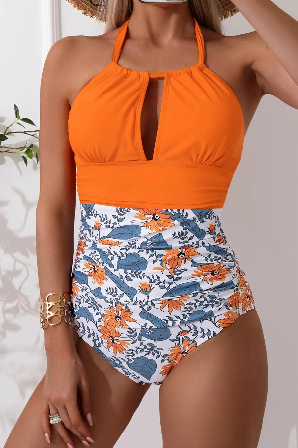B2prity Women's Slimming One Piece Swimsuits Tummy Control Bathing Suit Halter Swimwear for Big Busted Curvy Woman