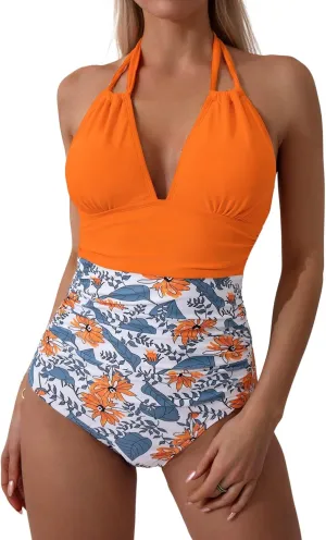 B2prity Women's Slimming One Piece Swimsuits Tummy Control Bathing Suit Halter Swimwear for Big Busted Curvy Woman