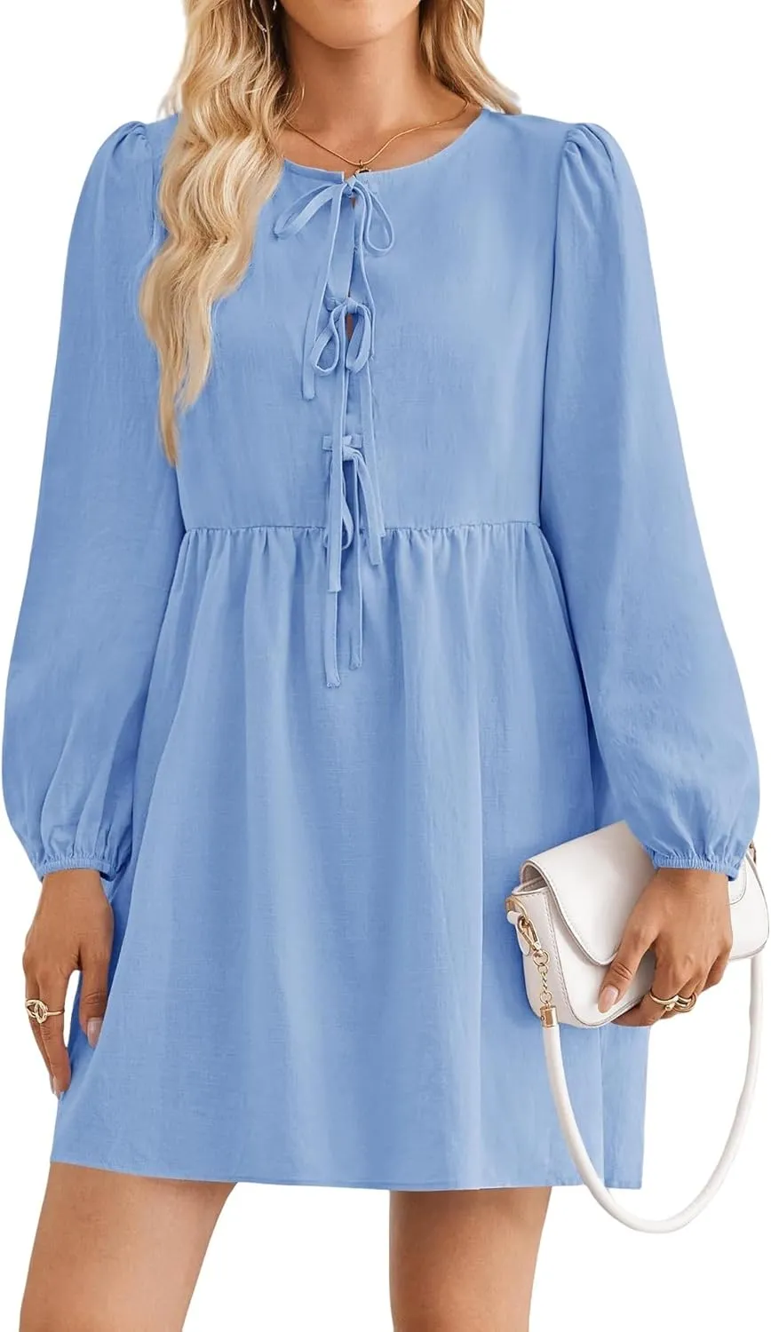 Babydoll Dress Women Crewneck Puff Long Sleeve Tie Front Dresses Waist Ruffle Tiered A Line Swing Tunic Mini Dress
