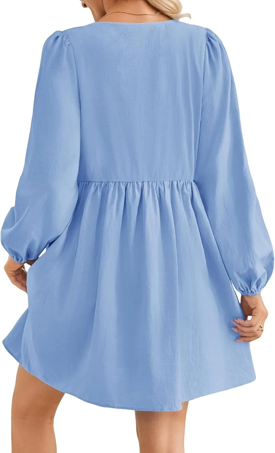 Babydoll Dress Women Crewneck Puff Long Sleeve Tie Front Dresses Waist Ruffle Tiered A Line Swing Tunic Mini Dress