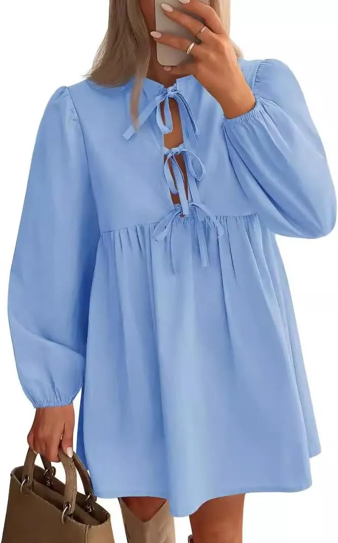 Babydoll Dress Women Crewneck Puff Long Sleeve Tie Front Dresses Waist Ruffle Tiered A Line Swing Tunic Mini Dress