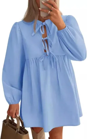 Babydoll Dress Women Crewneck Puff Long Sleeve Tie Front Dresses Waist Ruffle Tiered A Line Swing Tunic Mini Dress