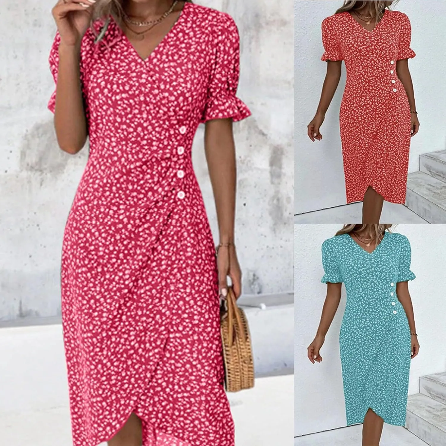 Beach Dresses for Women 2025 Spring Trendy Elegant Wrap V Neck Floral Boho Sundress High-Low Hem Flowy Midi Dress